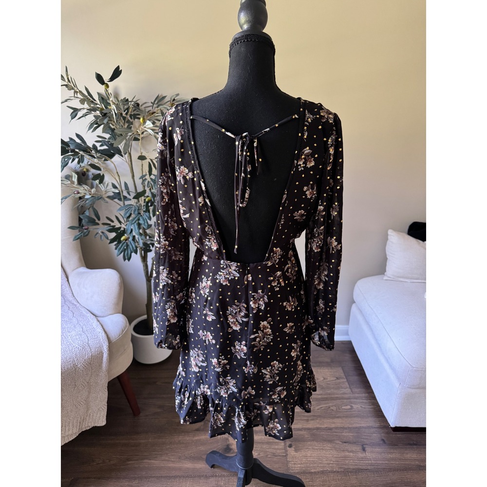 Illa Illa Black Floral Gold Foil Polka Dot Open Back Ruffle Mini Dress Small - Picture 4 of 4